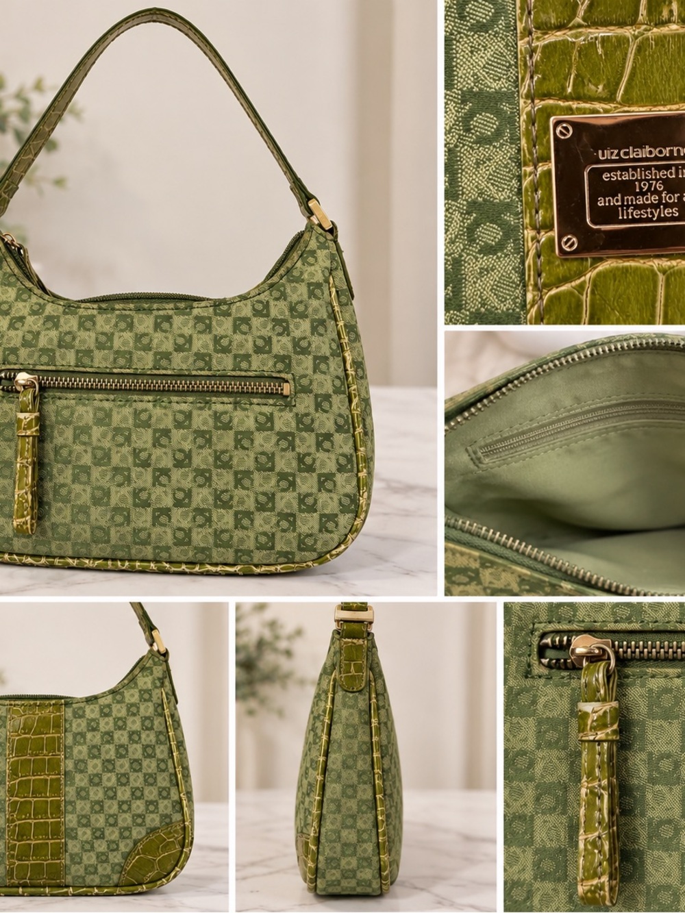Liz Claiborne Green Jacquard Shoulder Bag with Croc-Effect Trim